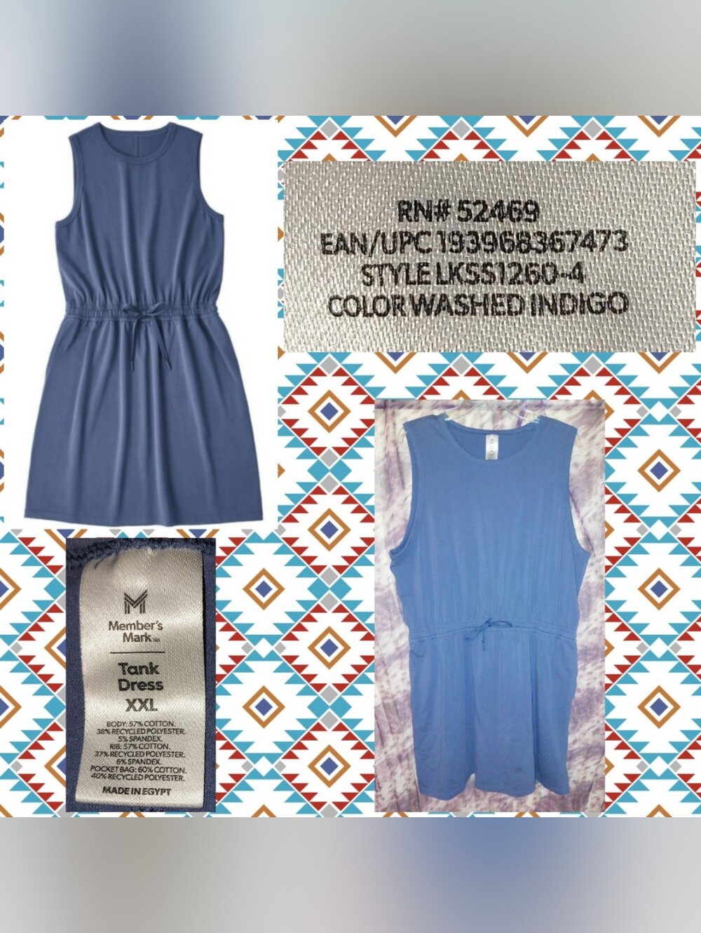 Member's Mark brand Washed Indigo Blue Soft Knit Tank Dress w/Drawstring Sz XXL